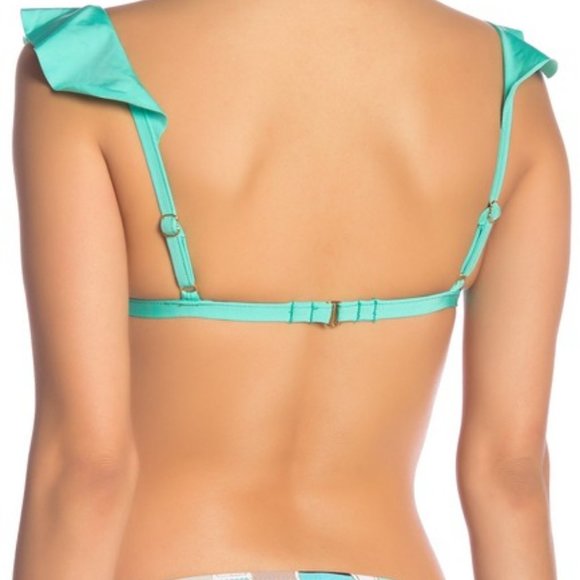 Size 8 RUNS SMALL Trina Turk Ruffle Swim Top Aqua - Picture 2 of 6